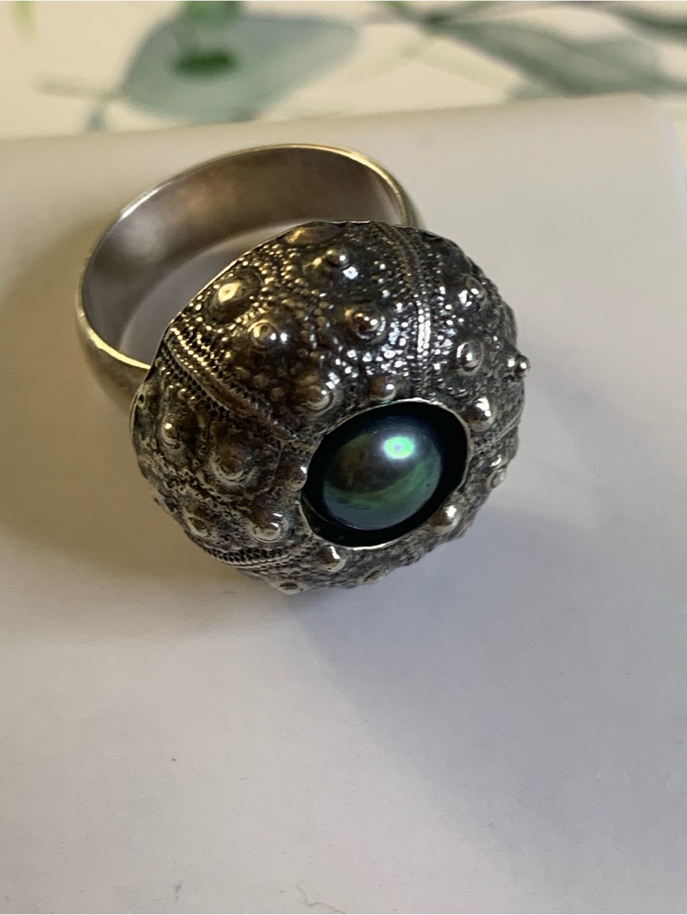 Sterling Silver Sea Urchin Style Dome Ring with Green Center Culture Pearl